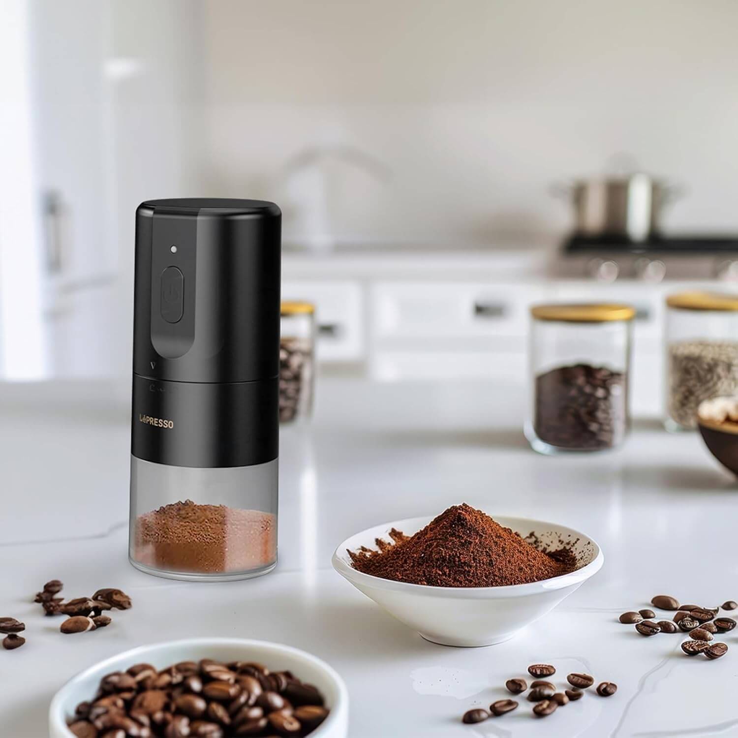 مطحنة قهوة محمولة LePresso Broyeur ، وسعة البطارية 1200 مللي أمبير، وواجهة قابلة للتكيف، وذيل متصفح متوافق، ووظيفة إلغاء النق