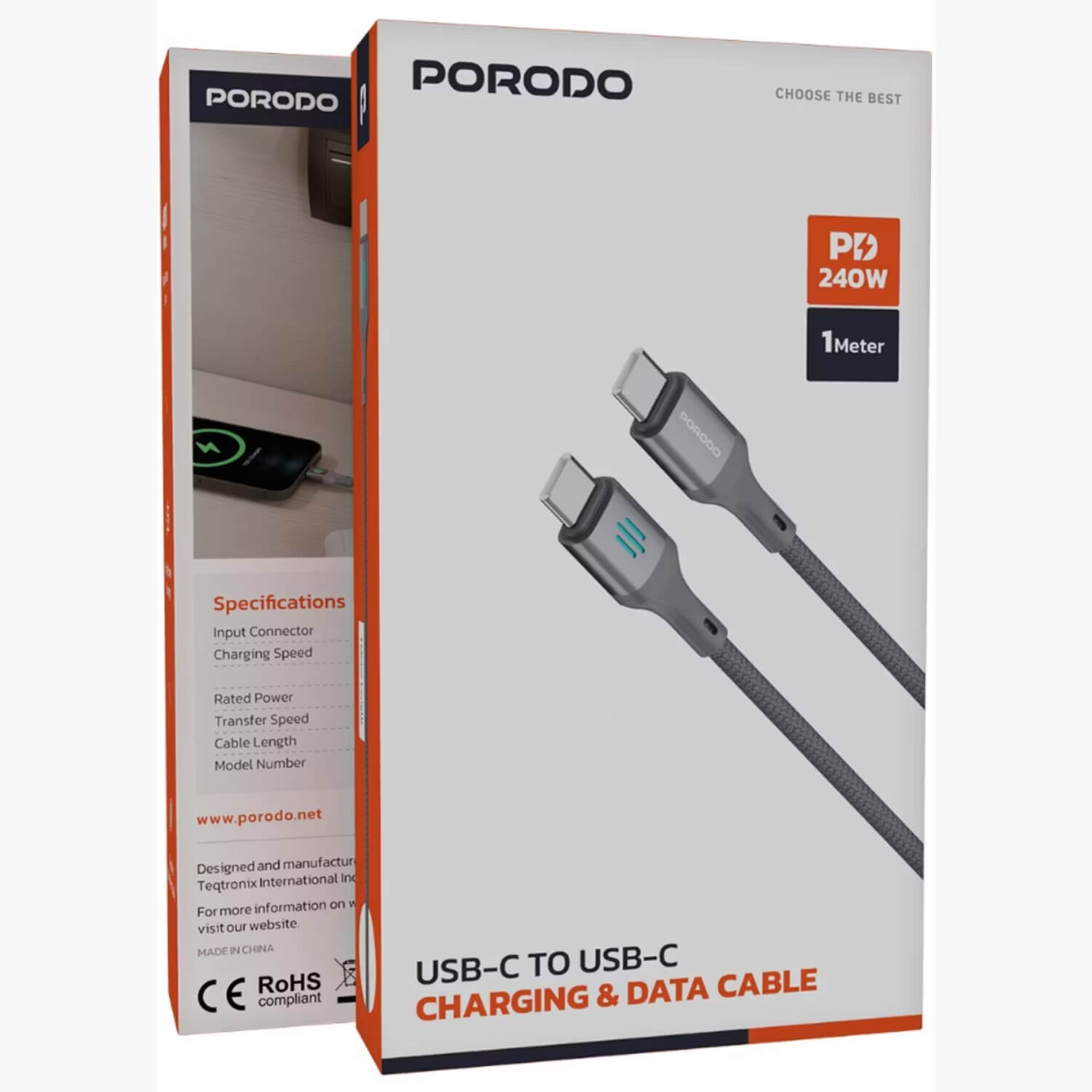 Porodo كابل شحن ونقل بيانات USB-C إلى USB-C مع توصيل طاقة 240 واط، بطول كابل 1 متر، كابل مضفر بتصميم مقاوم للتشابك، سرعة نقل